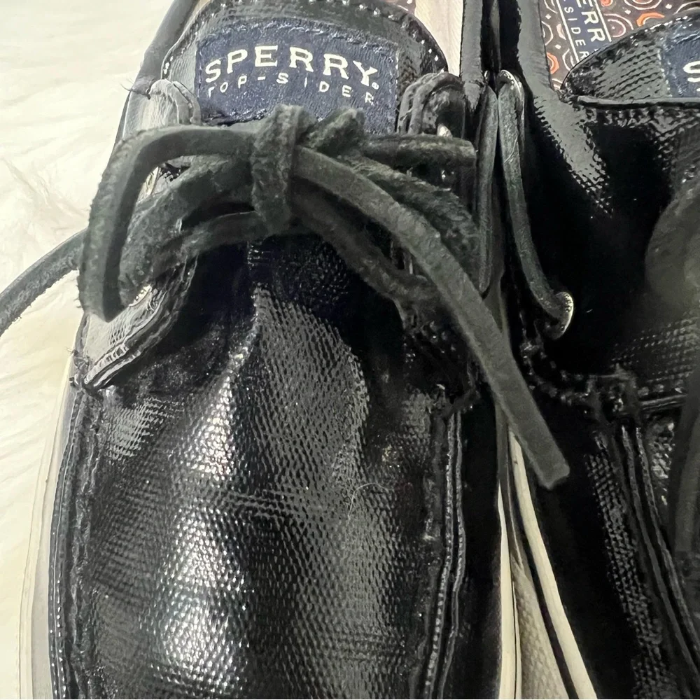 Sperry Top Siders Black Patent Glossy Boat Shoes Coastal Nautical Size 10